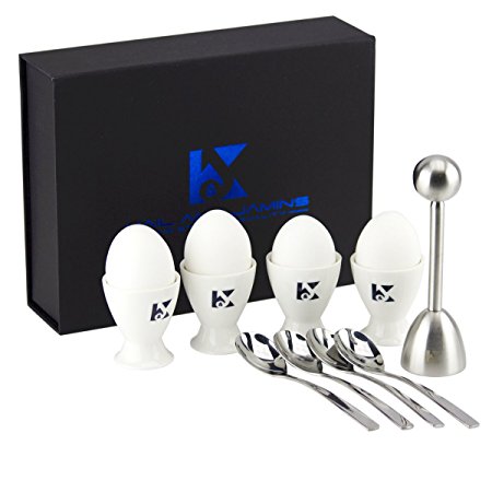 K&J’s Egg Cup & Cracker Set with Beautiful Reusable Box – Includes 4 Ceramic Cups (Egg holder) + 4 SS Spoons + 1 Topper Cutter, Shell Remover - Great Gift for the Soft or Hard-Boiled Egg Lovers