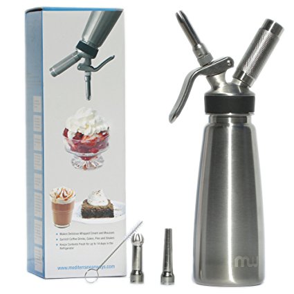Professional Grade 1 Pint Whipped Cream Dispenser - 100% Stainless Steel Whip Cream Maker Includes 3 Decorating Tips - No Plastic Parts
