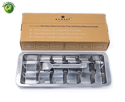 Ecozoi Stainless Steel Metal Ice Cube Tray with Easy Release Handle | 18 Ice Cube Slots | Removable Slots for Easy Ice Cube Removal and Cleaning | Sustainable, Eco Friendly, Zero Waste, Plastic Free