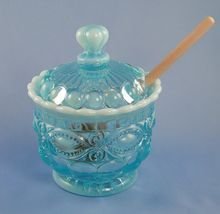 Blue Opalescent Glass Eyewinker Pattern Honey Pot with Lid & Wooden Dipper