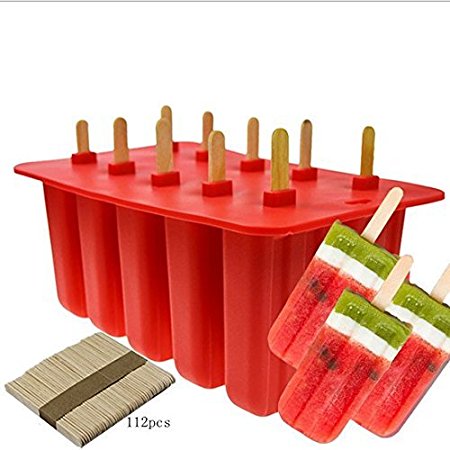 10-Cavity Slicone Frozen Ice Pop Maker with100Wooden Sticks for Toddlers, Kids and Adults - BPA Free(Red)