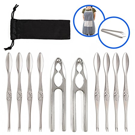 Premium Quality Seafood Tools Set-2 Stainless Steel Crackers-Crab/Lobster/Nut Crackers-8 Seafood Picks/Forks-1 Fish Tweezers-1 Apron-Carry Bag, 13 Pieces/Box