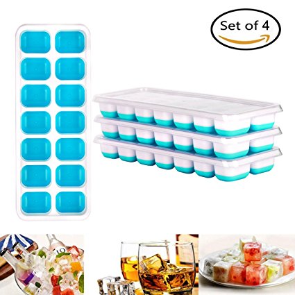 GYMAN Ice Cube Trays Flexible 14-Ice Trays Easy-Release Silicone with Spill-Resistant Removable Lid Stackable Durable and Dishwasher Safe LFGB Certified, BPA Free -- 4 Pack
