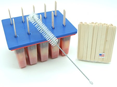 American Ice Pop Maker - Frozen Popsicle Mold - Set of 10 BPA Free Plastic Molds + 50 Wood Sticks & Cleaning Brush (Classic-10, Blue)