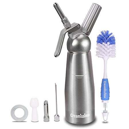 CREAMISSIMO Chefs version Professional Cream Whipper 500ml, with 2 Stainless steel Nozzles and 1 INJECTOR TIP, Uses N2O Cartridges (Not Included), comes with a Dual Head Cleaning Brush