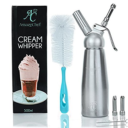 Whipped Cream Dispenser with 3 stainless steel tips including bonus full size dispenser cleaning brush/Cream Whipper/Whipping Siphon/Use with N2O cream chargers (not included)