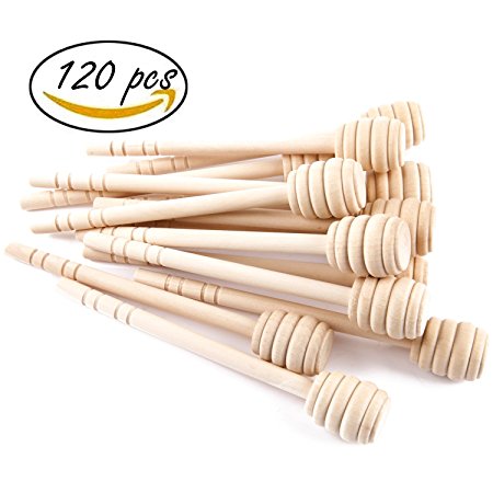 Artcome 120-Piece 6 Inch Wood Honey Dipper Sticks, with Ribbon for Honey Jam Jar Dispense, Mini Individually Wrapped, Wedding Party Favors