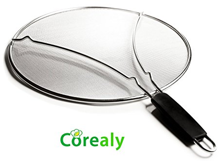 Corealy Grease Splatter Screen for Frying Pan - 13’’ Universal Size - Stops Hot Oil Splashes - Heatproof Handle and Resting Feet - Protects Skin from Burns while Cooking and Keeps Kitchen Clean