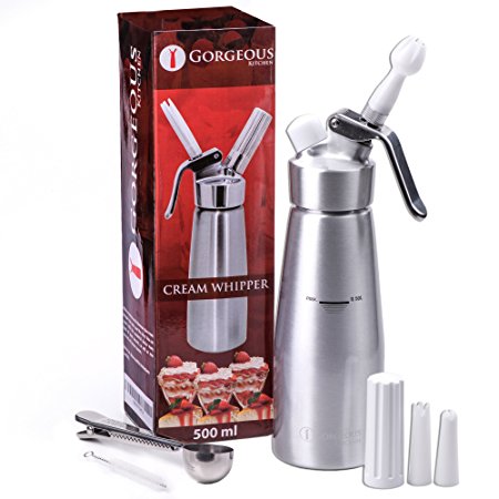 Professional Whipped Cream Dispenser Aluminum Cream Whipper, Durable Stainless Steel Coffee Spoon, 3 Decorating Nozzles, Charger Holder, Cleaning Brush and Instruction Manual Included - 1 Pint