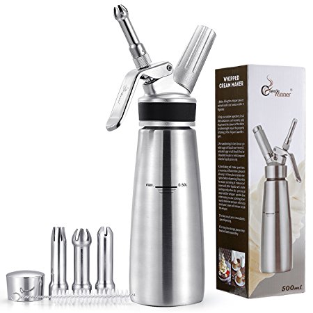 Professional Whipped Cream Dispenser Stainless Steel you get 3 Decorating Nozzles Cream Whipper 1 pint Gourmet Whip Culinary Easy Instructions N2O Cartridges (Not Included)