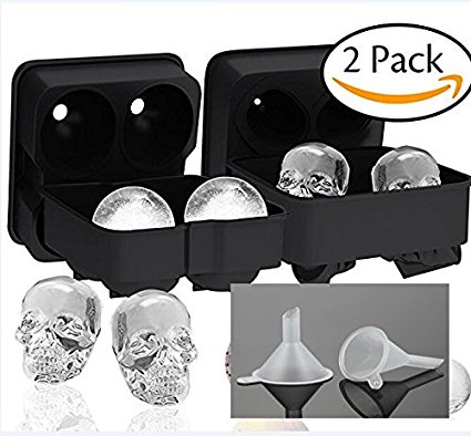Ozera 2 Pack 3D Skull Ice Cube Mold & Silicone Ice Ball Maker, Novelty Skull Ice Trays, Round Ice Cube Maker with 2 Plastic Funnel for Whiskey Wine, Cocktails and Beverages and More