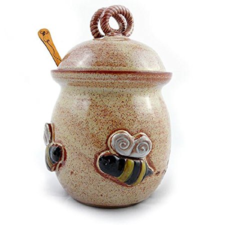 Bee 20-ounce Stoneware Honey Pot Pottery Jar with Cherry Wood Honey Stick, American Made