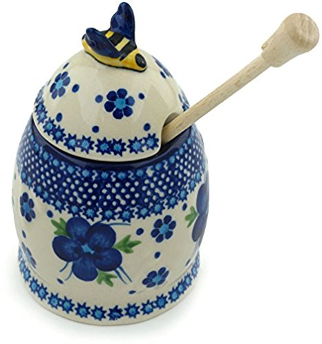 Polish Pottery Honey Jar with Dipper - Bleu-belle Fleur