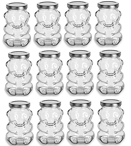 Nakpunar 12 pcs 9 oz Glass Bear Jars with Silver Lids for Honey, Candies, Piggy Banks (12, Silver)