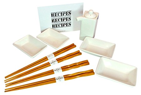 Sushi Dish Set, Soy Sauce Dispenser, Bamboo Chopsticks with Bonus Recipe Card