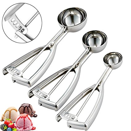 Ice Cream Scoops, Trigger Ice Cream Scoop Set, 3 PCS Metal Ice Cream Scoop Cookie Scoop Melon Baller Include Large-Medium-Small Size Balls, Select 18/8 Stainless Steel, Secondary Polishing by H-Min
