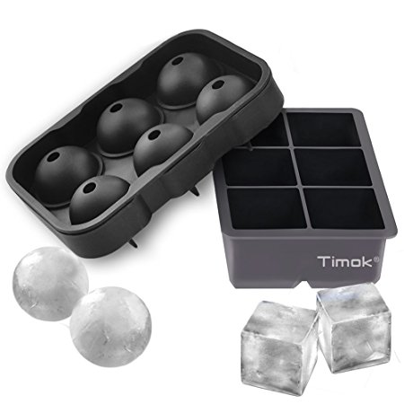 Timok Ice Cube Trays (Set of 2), Silicone Sphere Ice Ball Maker with Lid & Large Square Molds for Whiskey, Cocktail - Reusable & BPA Free