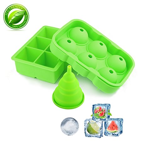Silicone Ice Cube Trays,Yegu Flexible Novelty Sphere Ice Ball Maker & Large Square Molds with a Funnel for Whiskey Cocktails and Bourbon Keep Drinks Chilled Reusable & BPA Free(Set of 2)-Green