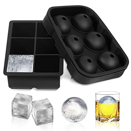 Ice Cube Trays (Set of 2), Silicone Sphere Whiskey Ice Ball Maker with Lids & Large Square Ice Cube Molds for Cocktails & Bourbon - Reusable & BPA Free