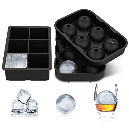 BOOYE Ice Cube Trays,Silicone Sphere & Large Square Ice Ball Maker Hold Reusable&Durable mold BPA Free(Set of 2)
