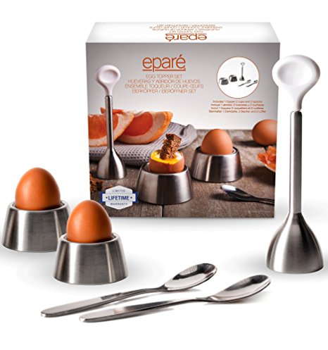Eparé Egg Cracker Topper Set 2.0 – Soft Hard Boiled Eggs Separator Tool – Include Spoons and Cups - Shell Remover & Cutter - Steel Spoon & Cup Holder – Cooker Accessory