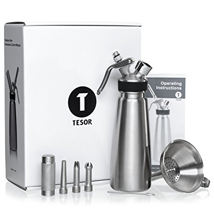 Tesor Stainless Steel Whipped Cream Dispenser Value Bundle With Three Tip Attachment Nozzles, Funnel and Strainer. Professional Quality 1 Pint Whipper Creates 4-5 Pints of Fresh Whip Cream