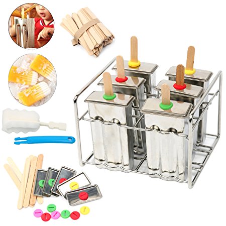 Yaekoo Set of 6 Stainless Steel Popsicle Mold and Rack Set - Homemade Ice Treat Makerwith 50 Bamboo Sticks and 6 Silicone Seals and Bonus Cleaning Brush
