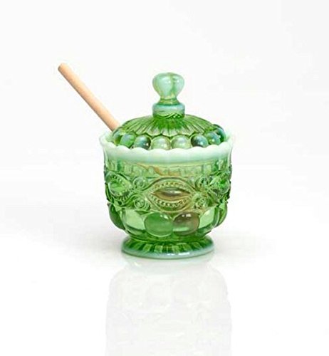 Green Opalescent Glass Eyewinker Pattern Honey Pot with Lid & Wooden Dipper