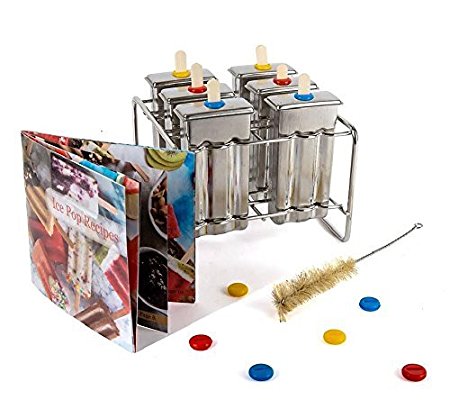 Bapon Organix- Stainless Steel Popsicle Molds and Rack - 6 Ice Pop Makers With 12 Reusable Bamboo Sticks and Silicone Seals - Bonus Cleaning Brush and Recipe Book