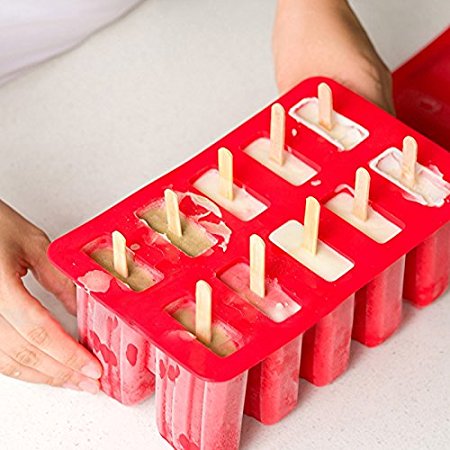 Astra Gourmet 10-Cavity Slicone Frozen Ice Pop Maker with 50 Wooden Sticks for Toddlers, Kids and Adults - BPA Free(Red)