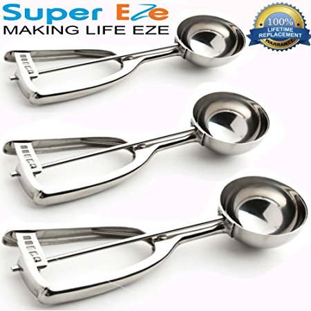 SuperEze Ice Cream Scoop & Cookie Dough 3 Piece Stainless Steel Set - Best for scooping muffins, cookies, rice balls or a portion control disher -18/8 SS Scooper Kit - Great Gift Idea - FREE Recipes