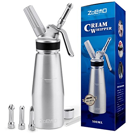 UPGRADED All Metal Whipped Cream Dispenser by ZOEMO - Reinforced Leak-Free Cream Whipper w/ Durable Metal Body & Head, 3 Stainless Steel Decorating Tips - 1 Pint Canister Cream Maker
