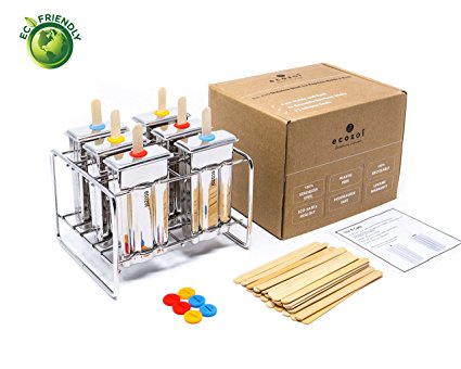 Ecozoi Eco-Safe Stainless Steel Popsicle Molds and Rack - 6 Ice Pop Makers + 30 Reusable Bamboo Sticks + 12 Silicone Seals + 1 Rack